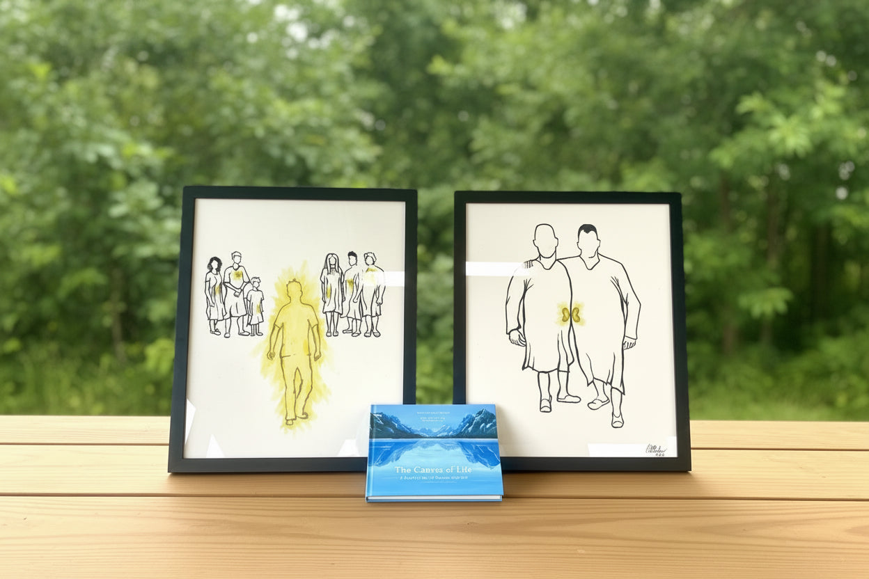 Two framed illustrations on a wooden bench outdoors